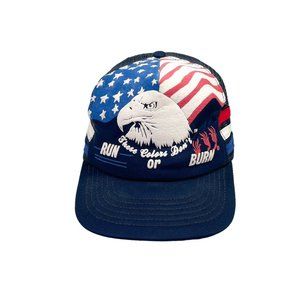 VTG 3 Stripe THESE COLORS DON'T RUN OR BURN Trucker Snapback Hat USA- Puff Print